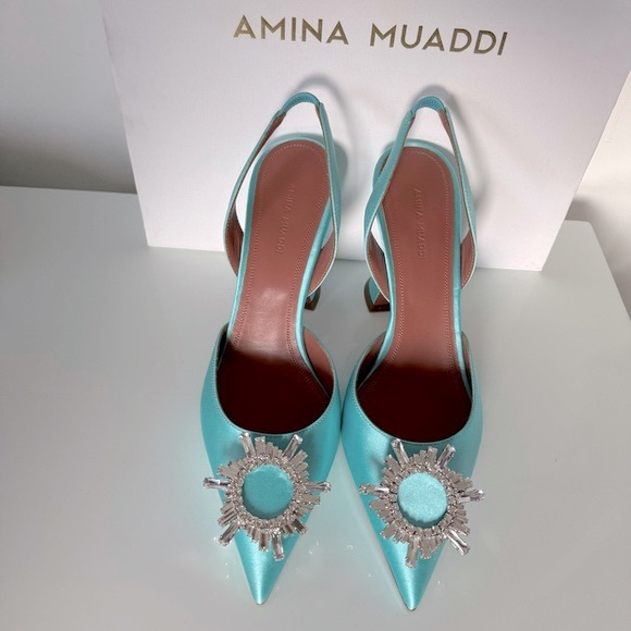 Amina Muaddi Begum Satin Slingback Pumps in Turquoise - Picture 3 of 10